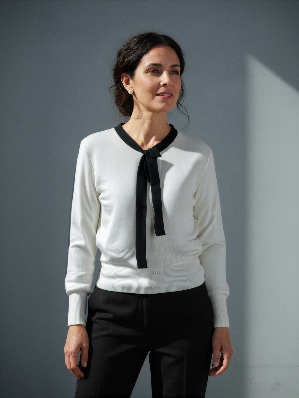 Bow Tie Knit Cardigan with Pearl Buttons